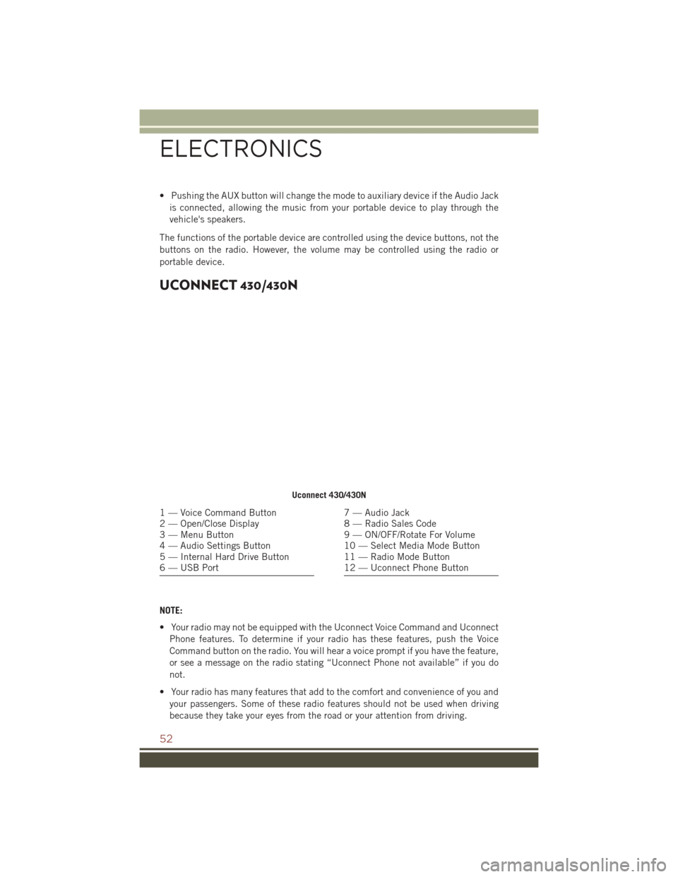 JEEP COMPASS 2016 1.G User Guide • Pushing the AUX button will change the mode to auxiliary device if the Audio Jackis connected, allowing the music from your portable device to play through the
vehicles speakers.
The functions of