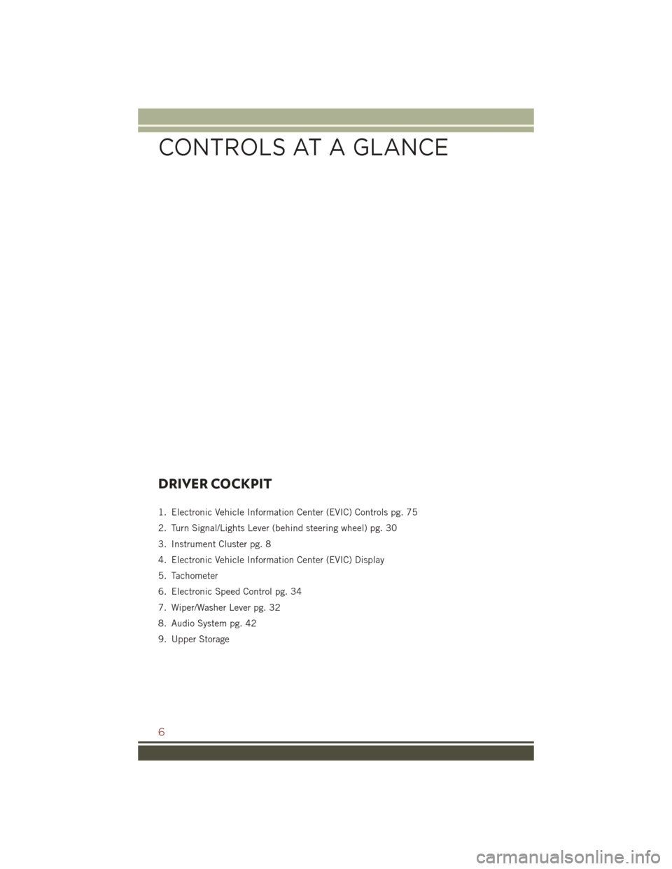 JEEP COMPASS 2016 1.G User Guide DRIVER COCKPIT
1. Electronic Vehicle Information Center (EVIC) Controls pg. 75
2. Turn Signal/Lights Lever (behind steering wheel) pg. 30
3. Instrument Cluster pg. 8
4. Electronic Vehicle Information JEEP COMPASS 2016 1.G User Guide DRIVER COCKPIT
1. Electronic Vehicle Information Center (EVIC) Controls pg. 75
2. Turn Signal/Lights Lever (behind steering wheel) pg. 30
3. Instrument Cluster pg. 8
4. Electronic Vehicle Information