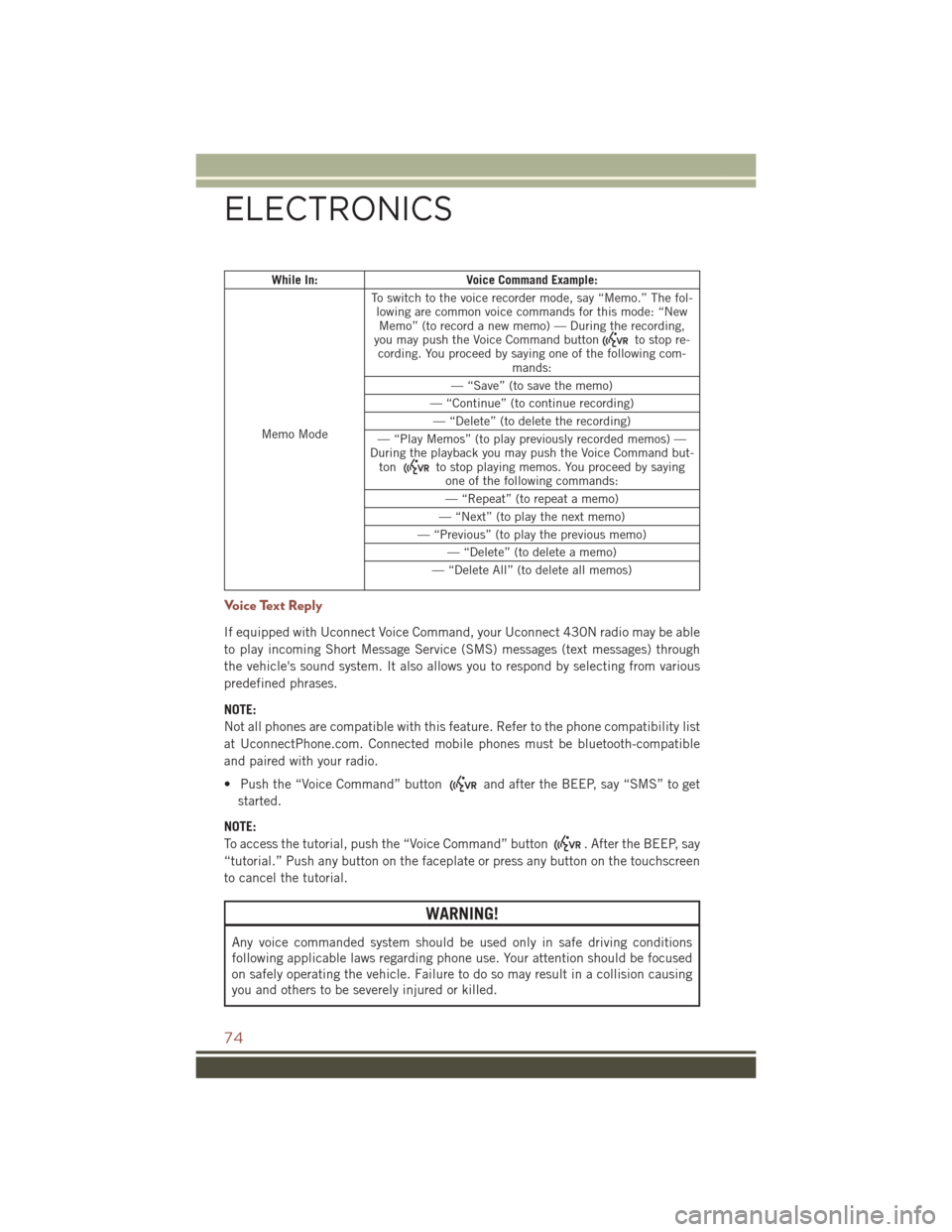 JEEP COMPASS 2016 1.G Manual PDF While In:Voice Command Example:
Memo Mode To switch to the voice recorder mode, say “Memo.” The fol-
lowing are common voice commands for this mode: “NewMemo” (to record a new memo) — During