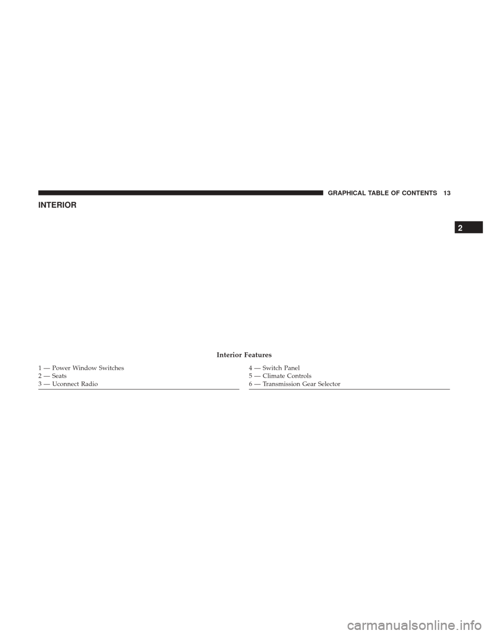 JEEP COMPASS 2017 2.G User Guide INTERIOR
Interior Features
1 — Power Window Switches
2 — Seats
3 — Uconnect Radio4 — Switch Panel
5 — Climate Controls
6 — Transmission Gear Selector
2
GRAPHICAL TABLE OF CONTENTS 13 