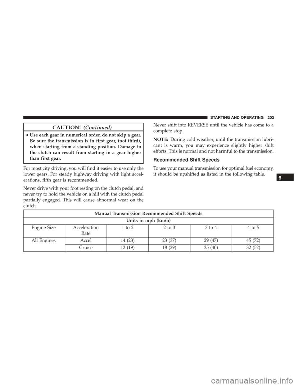 JEEP COMPASS 2017 2.G User Guide CAUTION!(Continued)
•Use each gear in numerical order, do not skip a gear.
Be sure the transmission is in first gear, (not third),
when starting from a standing position. Damage to
the clutch can re JEEP COMPASS 2017 2.G User Guide CAUTION!(Continued)
•Use each gear in numerical order, do not skip a gear.
Be sure the transmission is in first gear, (not third),
when starting from a standing position. Damage to
the clutch can re