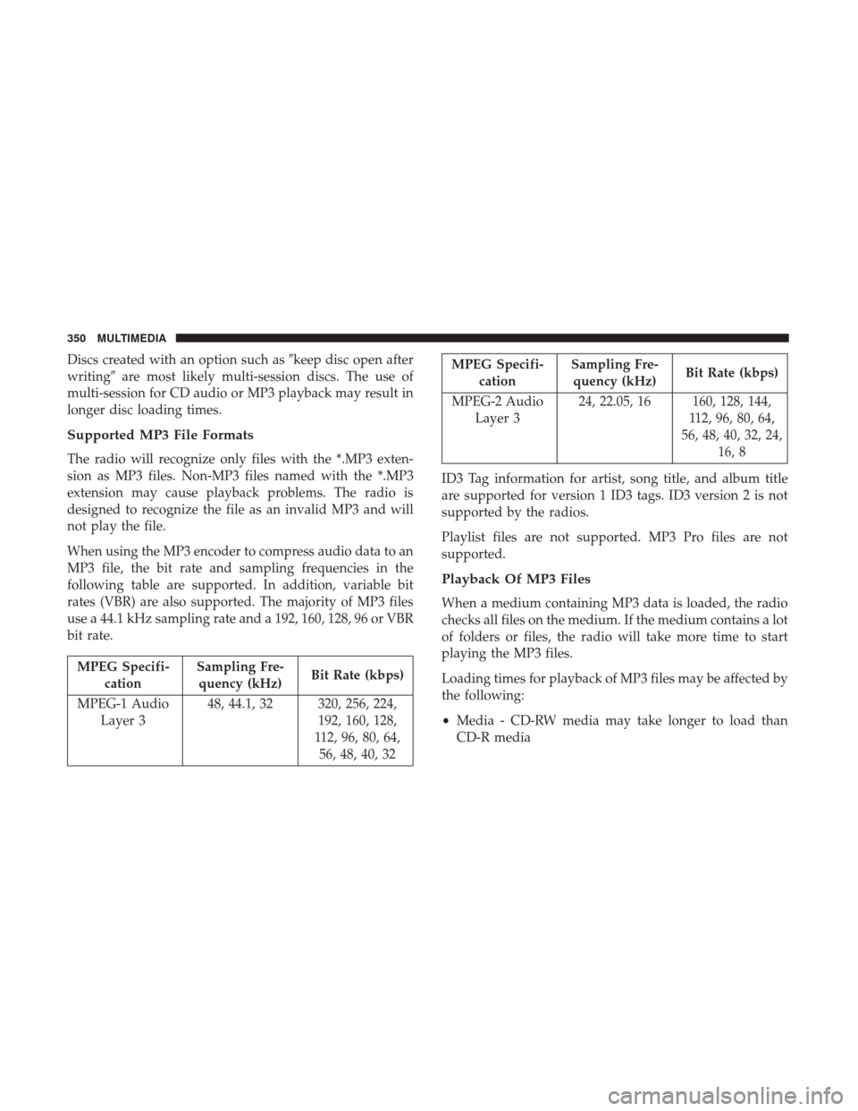 JEEP COMPASS 2017 2.G Owners Manual Discs created with an option such askeep disc open after
writing are most likely multi-session discs. The use of
multi-session for CD audio or MP3 playback may result in
longer disc loading times.
S