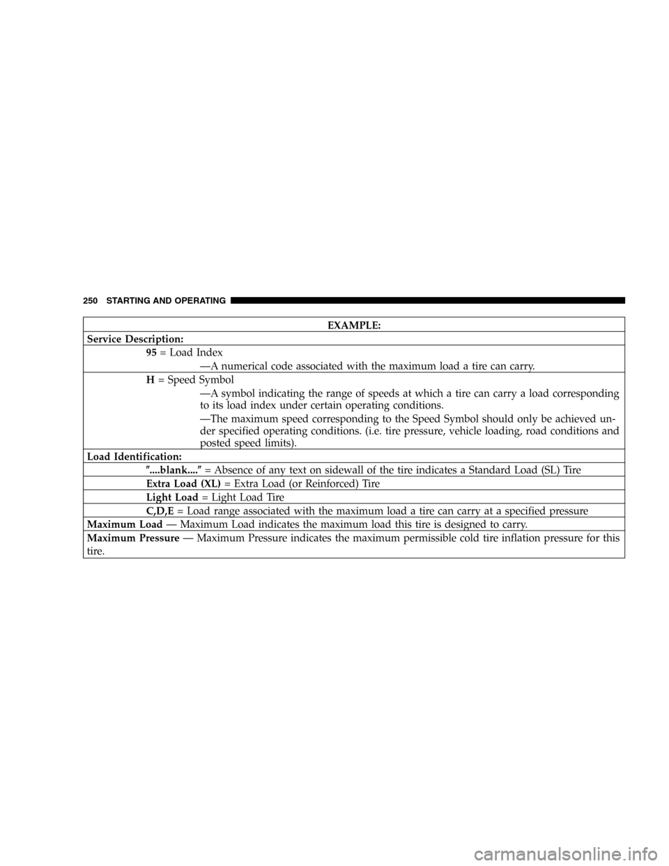 JEEP GRAND CHEROKEE 2006 WK / 3.G SRT Owners Manual EXAMPLE:
Service Description:
95= Load Index
—A numerical code associated with the maximum load a tire can carry.
H= Speed Symbol
—A symbol indicating the range of speeds at which a tire can carry