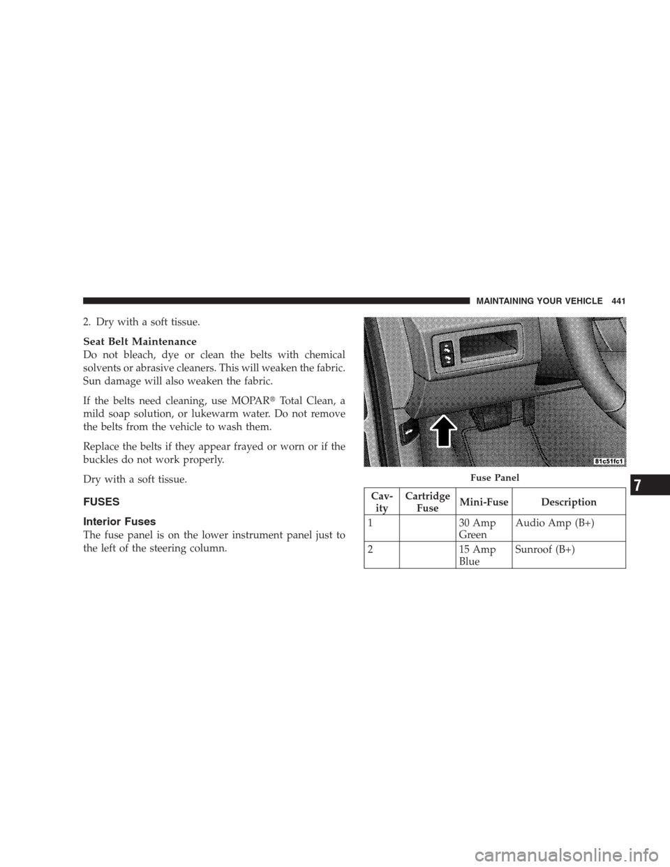 JEEP GRAND CHEROKEE 2009 WK / 3.G Owners Manual 2. Dry with a soft tissue.
Seat Belt Maintenance
Do not bleach, dye or clean the belts with chemical
solvents or abrasive cleaners. This will weaken the fabric.
Sun damage will also weaken the fabric.