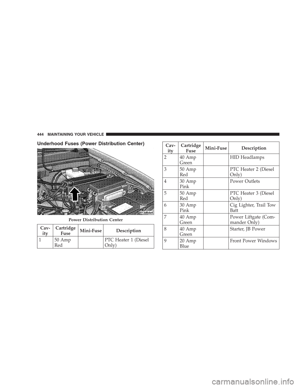 JEEP GRAND CHEROKEE 2009 WK / 3.G Owners Manual Underhood Fuses (Power Distribution Center)
Cav-
ityCartridge
FuseMini-Fuse Description
1 50 Amp
RedPTC Heater 1 (Diesel
Only)
Cav-
ityCartridge
FuseMini-Fuse Description
2 40 Amp
GreenHID Headlamps
3