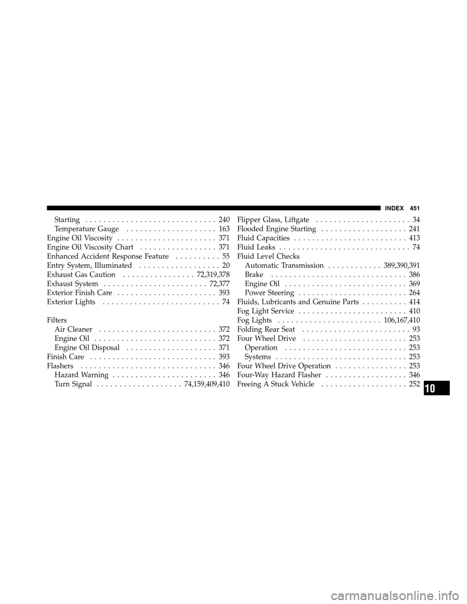 JEEP GRAND CHEROKEE 2010 WK / 3.G Owners Manual Starting............................. 240
Temperature Gauge .................... 163
Engine Oil Viscosity ...................... 371
Engine Oil Viscosity Chart ................. 371
Enhanced Accident 