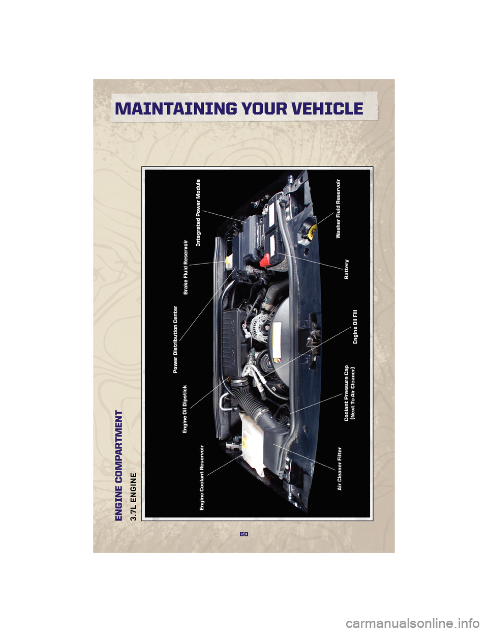 JEEP GRAND CHEROKEE 2010 WK / 3.G Repair Manual ENGINE COMPARTMENT3.7L ENGINE
60
MAINTAINING YOUR VEHICLE 