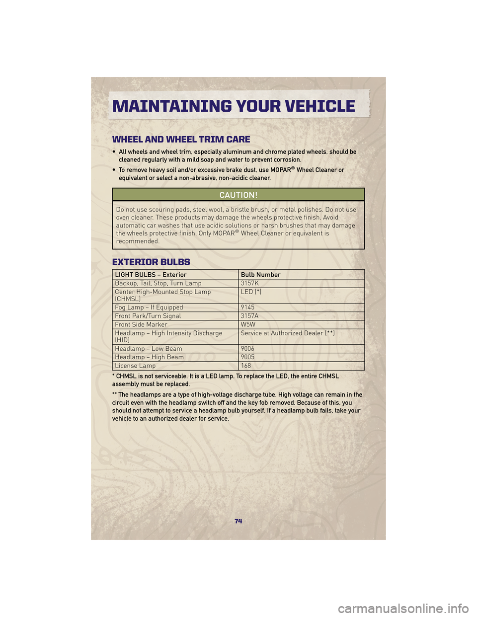 JEEP GRAND CHEROKEE 2010 WK / 3.G User Guide WHEEL AND WHEEL TRIM CARE
• All wheels and wheel trim, especially aluminum and chrome plated wheels, should becleaned regularly with a mild soap and water to prevent corrosion.
• To remove heavy s