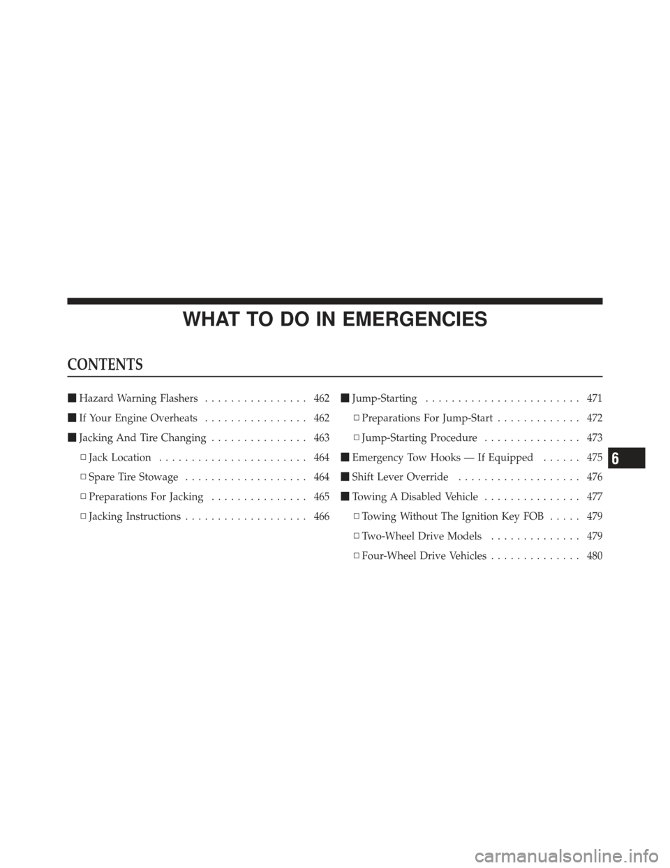 JEEP GRAND CHEROKEE 2011 WK2 / 4.G Owners Manual WHAT TO DO IN EMERGENCIES
CONTENTS
Hazard Warning Flashers ................ 462
 If Your Engine Overheats ................ 462
 Jacking And Tire Changing ............... 463
▫ Jack Location .....