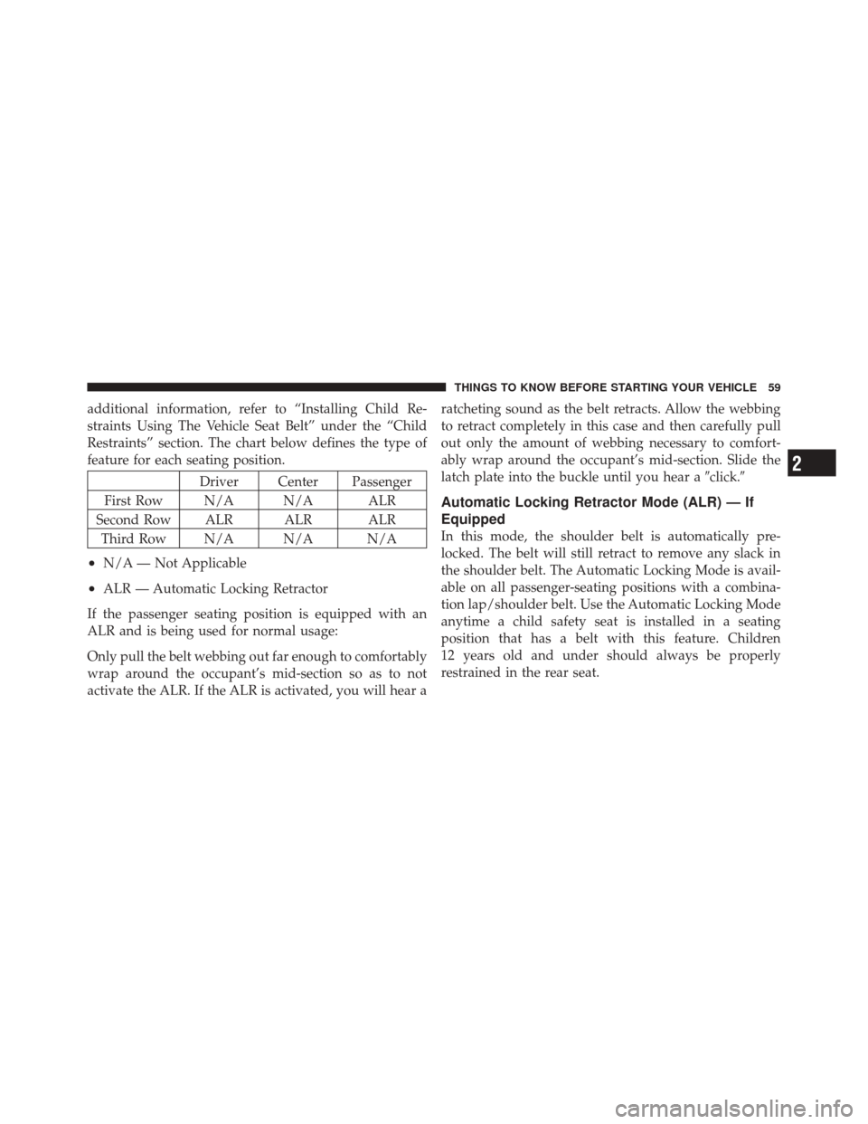 JEEP GRAND CHEROKEE 2012 WK2 / 4.G Repair Manual additional information, refer to “Installing Child Re-
straints Using The Vehicle Seat Belt” under the “Child
Restraints” section. The chart below defines the type of
feature for each seating 