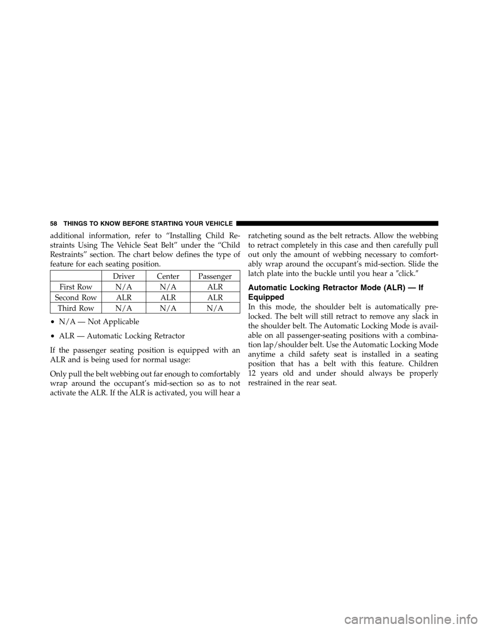 JEEP GRAND CHEROKEE 2012 WK2 / 4.G SRT Owners Manual additional information, refer to “Installing Child Re-
straints Using The Vehicle Seat Belt” under the “Child
Restraints” section. The chart below defines the type of
feature for each seating 