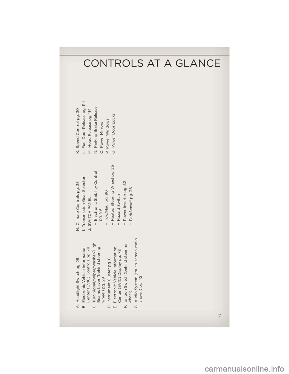 JEEP GRAND CHEROKEE 2012 WK2 / 4.G User Guide A. Headlight Switch pg. 28
B. Electronic Vehicle InformationCenter (EVIC) Controls pg. 78
C. Turn Signal/Wiper/Washer/High Beams Lever (behind steering
wheel) pg. 29
D. Instrument Cluster pg. 8
E. Ele