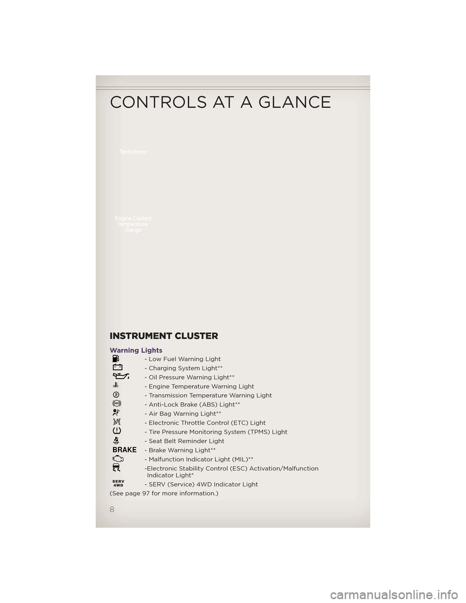 JEEP GRAND CHEROKEE 2012 WK2 / 4.G User Guide INSTRUMENT CLUSTER
Warning Lights
- Low Fuel Warning Light
- Charging System Light**
- Oil Pressure Warning Light**
- Engine Temperature Warning Light
- Transmission Temperature Warning Light
- Anti-L