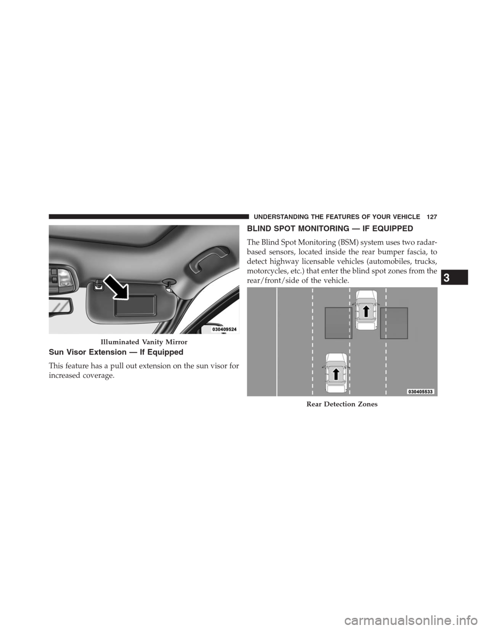 JEEP GRAND CHEROKEE 2013 WK2 / 4.G Owners Manual Sun Visor Extension — If Equipped
This feature has a pull out extension on the sun visor for
increased coverage.
BLIND SPOT MONITORING — IF EQUIPPED
The Blind Spot Monitoring (BSM) system uses two
