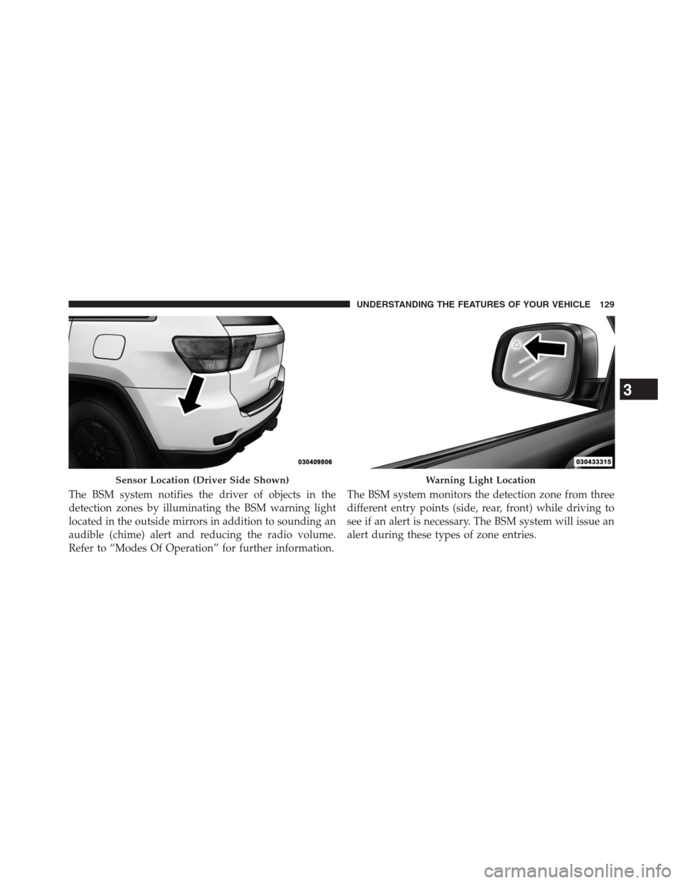 JEEP GRAND CHEROKEE 2013 WK2 / 4.G Owners Manual The BSM system notifies the driver of objects in the
detection zones by illuminating the BSM warning light
located in the outside mirrors in addition to sounding an
audible (chime) alert and reducing 