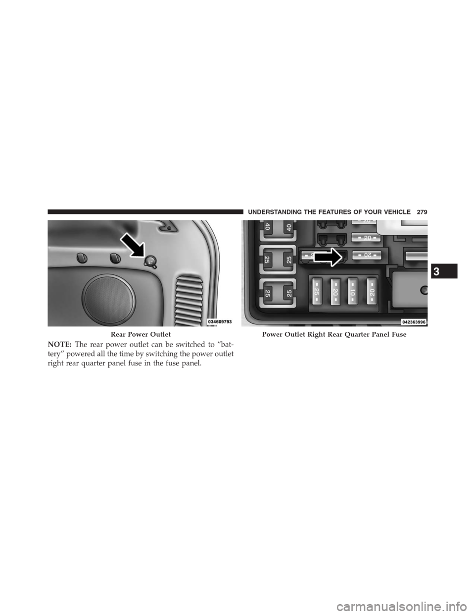 JEEP GRAND CHEROKEE 2013 WK2 / 4.G Owners Manual NOTE:The rear power outlet can be switched to “bat-
tery” powered all the time by switching the power outlet
right rear quarter panel fuse in the fuse panel.
Rear Power OutletPower Outlet Right Re