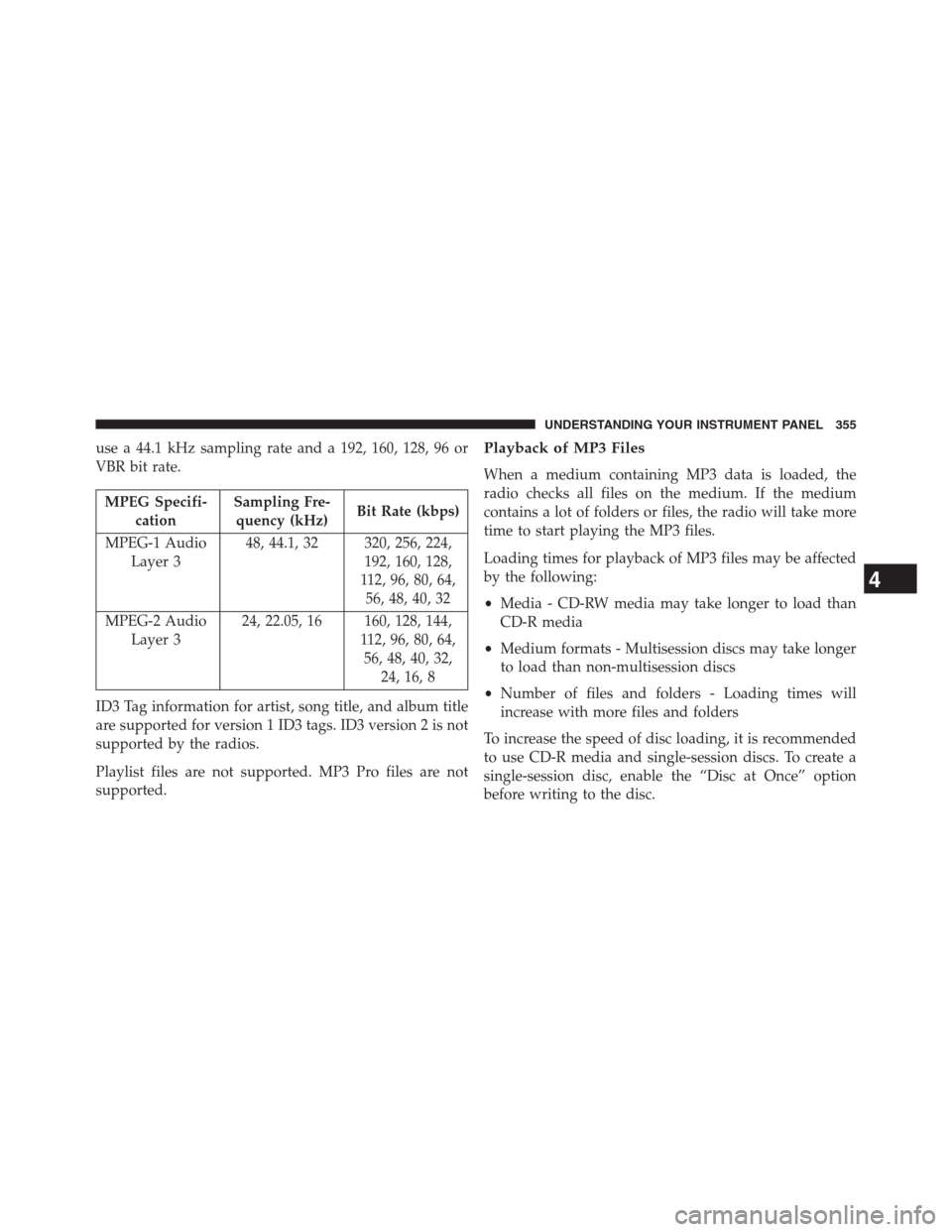JEEP GRAND CHEROKEE 2013 WK2 / 4.G Owners Manual use a 44.1 kHz sampling rate and a 192, 160, 128, 96 or
VBR bit rate.
MPEG Specifi-
cationSampling Fre-
quency (kHz)Bit Rate (kbps)
MPEG-1 Audio
Layer 348, 44.1, 32 320, 256, 224,
192, 160, 128,
112, JEEP GRAND CHEROKEE 2013 WK2 / 4.G Owners Manual use a 44.1 kHz sampling rate and a 192, 160, 128, 96 or
VBR bit rate.
MPEG Specifi-
cationSampling Fre-
quency (kHz)Bit Rate (kbps)
MPEG-1 Audio
Layer 348, 44.1, 32 320, 256, 224,
192, 160, 128,
112,