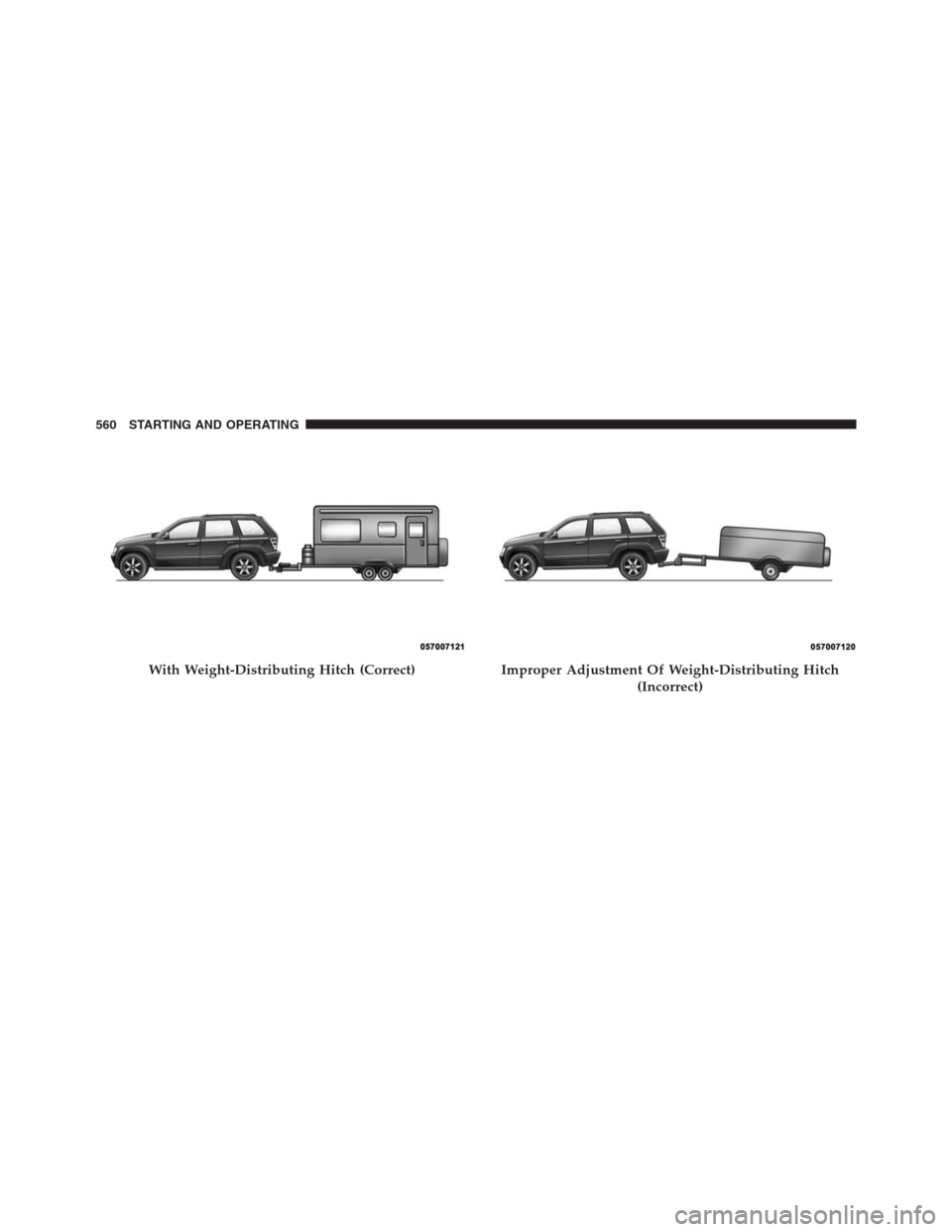 JEEP GRAND CHEROKEE 2013 WK2 / 4.G Owners Manual With Weight-Distributing Hitch (Correct)Improper Adjustment Of Weight-Distributing Hitch
(Incorrect)
560 STARTING AND OPERATING 