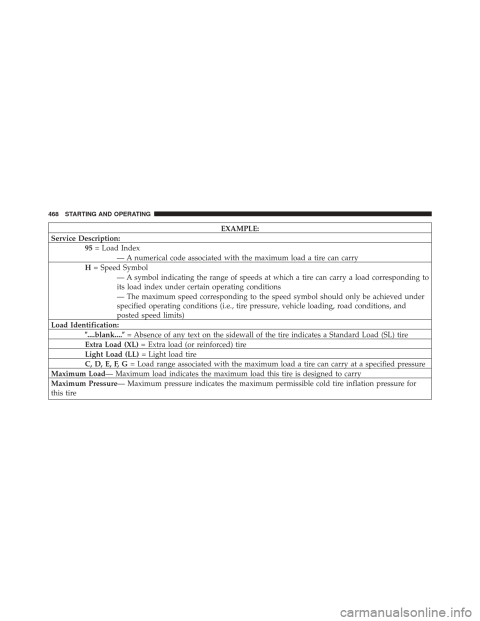 JEEP GRAND CHEROKEE 2014 WK2 / 4.G Owners Manual EXAMPLE:
Service Description: 95= Load Index
— A numerical code associated with the maximum load a tire can carry
H = Speed Symbol
— A symbol indicating the range of speeds at which a tire can car