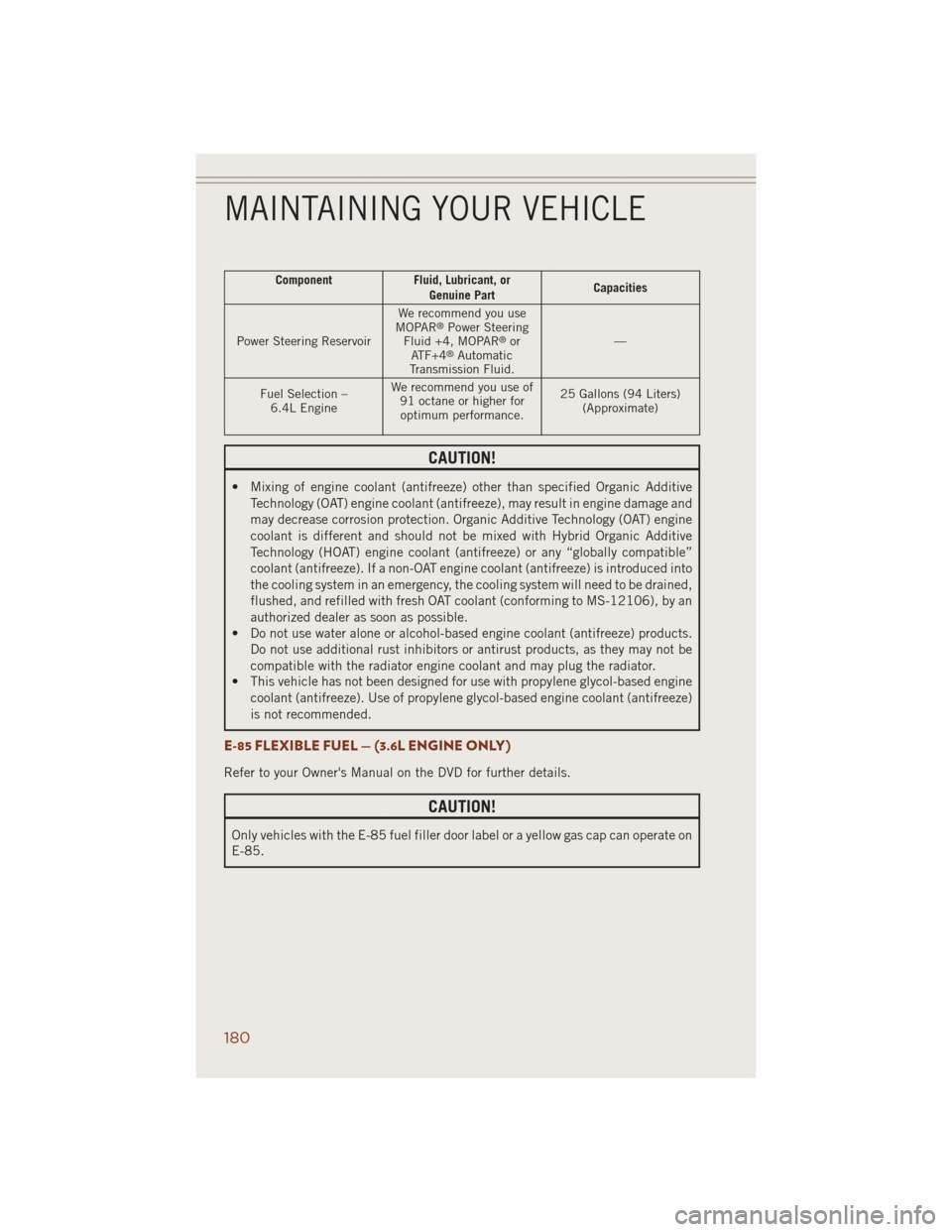 JEEP GRAND CHEROKEE 2014 WK2 / 4.G User Guide Component Fluid, Lubricant, or
Genuine PartCapacities
Power Steering ReservoirWe recommend you use
MOPAR
®Power Steering
Fluid +4, MOPAR®or
ATF+4®Automatic
Transmission Fluid.—
Fuel Selection –