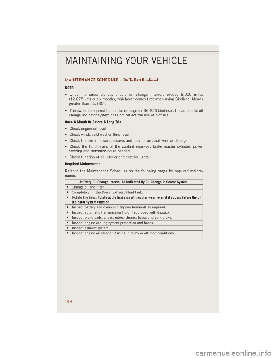 JEEP GRAND CHEROKEE 2014 WK2 / 4.G User Guide MAINTENANCE SCHEDULE — B6 To B20 Biodiesel
NOTE:
• Under no circumstances should oil change intervals exceed 8,000 miles
(12 875 km) or six months, whichever comes first when using Biodiesel blend