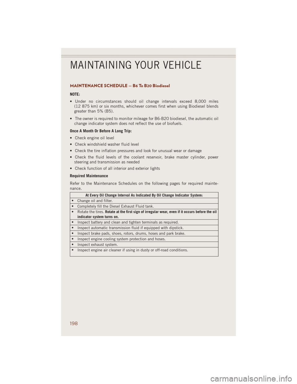 JEEP GRAND CHEROKEE 2014 WK2 / 4.G Owners Manual MAINTENANCE SCHEDULE — B6 To B20 Biodiesel
NOTE:
• Under no circumstances should oil change intervals exceed 8,000 miles
(12 875 km) or six months, whichever comes first when using Biodiesel blend JEEP GRAND CHEROKEE 2014 WK2 / 4.G Owners Manual MAINTENANCE SCHEDULE — B6 To B20 Biodiesel
NOTE:
• Under no circumstances should oil change intervals exceed 8,000 miles
(12 875 km) or six months, whichever comes first when using Biodiesel blend