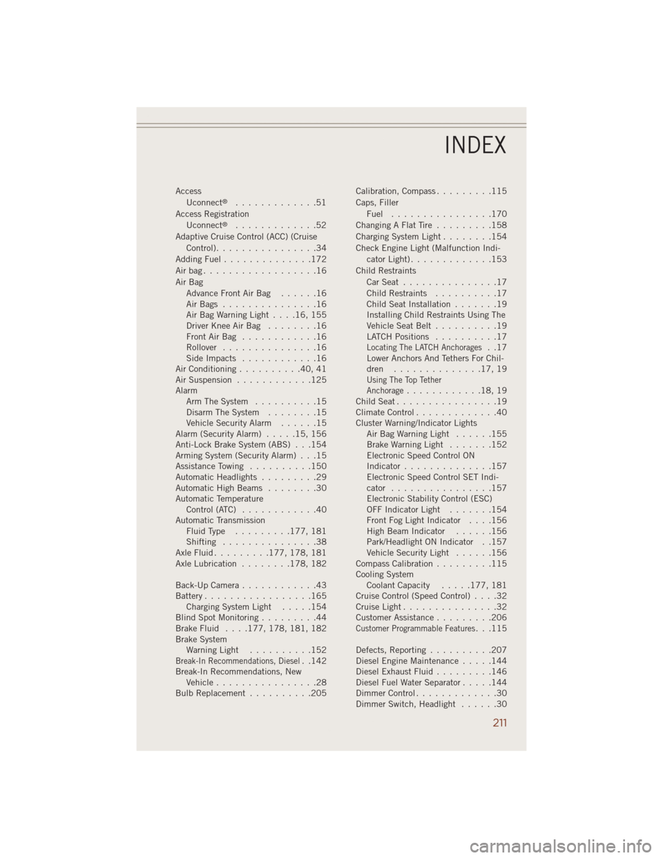 JEEP GRAND CHEROKEE 2014 WK2 / 4.G Manual PDF Access
Uconnect®.............51
Access Registration
Uconnect
®.............52
Adaptive Cruise Control (ACC) (Cruise
Control)................34
Adding Fuel..............172
Airbag..................16