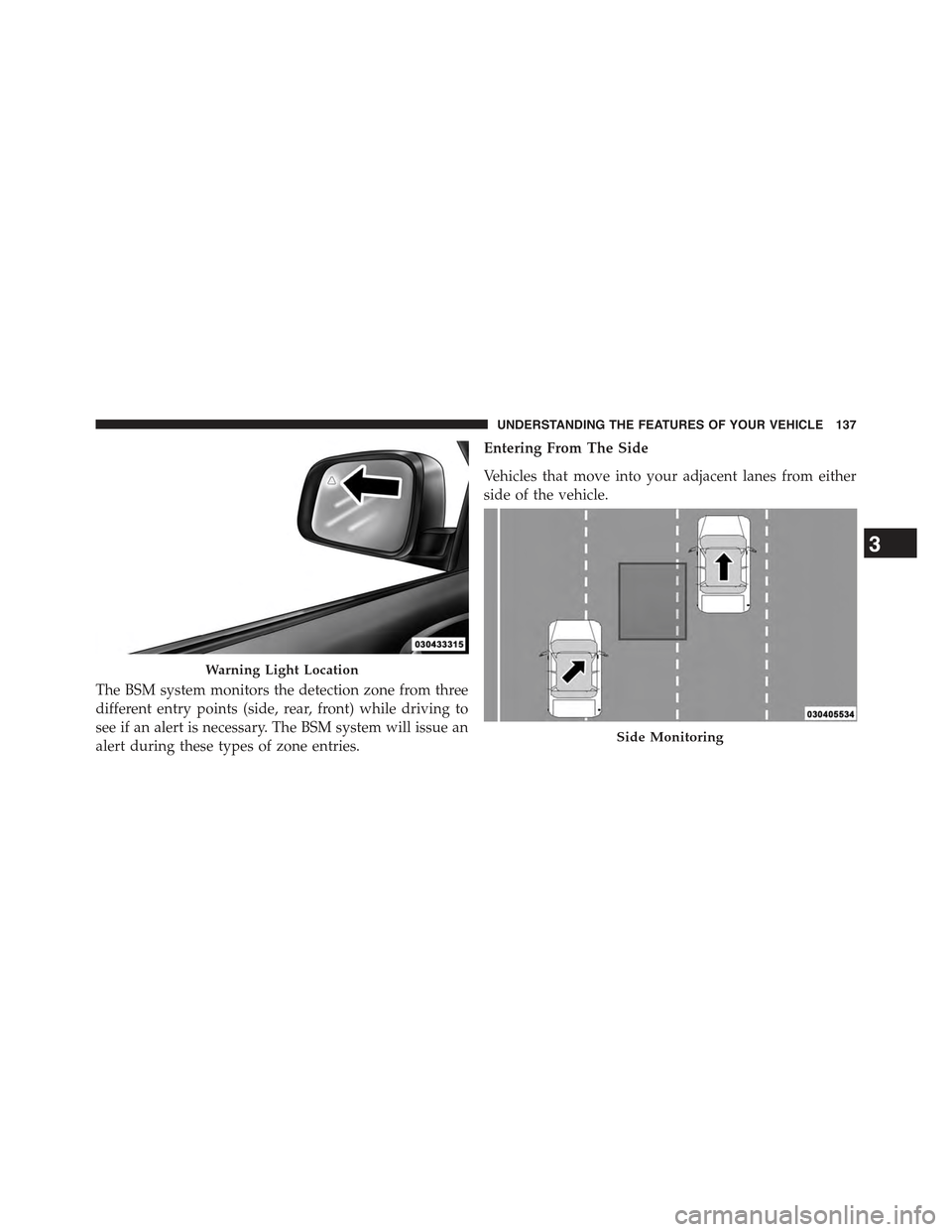 JEEP GRAND CHEROKEE 2015 WK2 / 4.G Owners Manual The BSM system monitors the detection zone from three
different entry points (side, rear, front) while driving to
see if an alert is necessary. The BSM system will issue an
alert during these types of