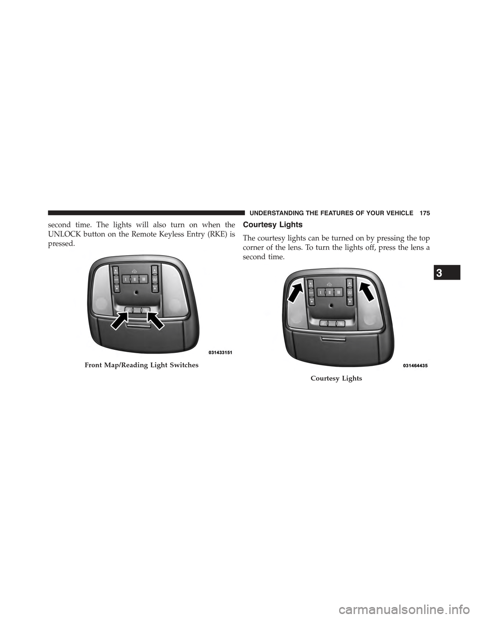 JEEP GRAND CHEROKEE 2015 WK2 / 4.G Owners Manual second time. The lights will also turn on when the
UNLOCK button on the Remote Keyless Entry (RKE) is
pressed.
Courtesy Lights
The courtesy lights can be turned on by pressing the top
corner of the le JEEP GRAND CHEROKEE 2015 WK2 / 4.G Owners Manual second time. The lights will also turn on when the
UNLOCK button on the Remote Keyless Entry (RKE) is
pressed.
Courtesy Lights
The courtesy lights can be turned on by pressing the top
corner of the le