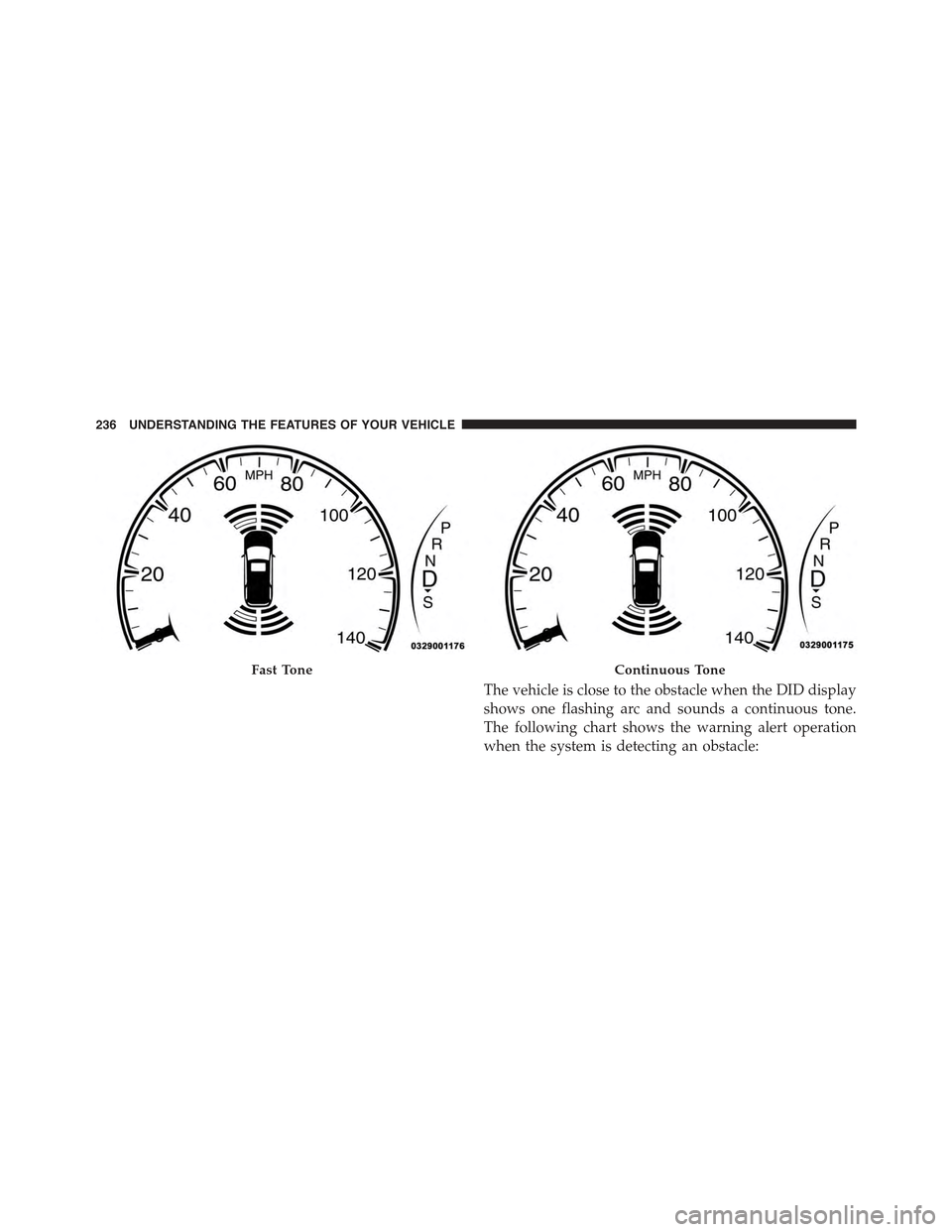 JEEP GRAND CHEROKEE 2015 WK2 / 4.G Owners Manual The vehicle is close to the obstacle when the DID display
shows one flashing arc and sounds a continuous tone.
The following chart shows the warning alert operation
when the system is detecting an obs JEEP GRAND CHEROKEE 2015 WK2 / 4.G Owners Manual The vehicle is close to the obstacle when the DID display
shows one flashing arc and sounds a continuous tone.
The following chart shows the warning alert operation
when the system is detecting an obs