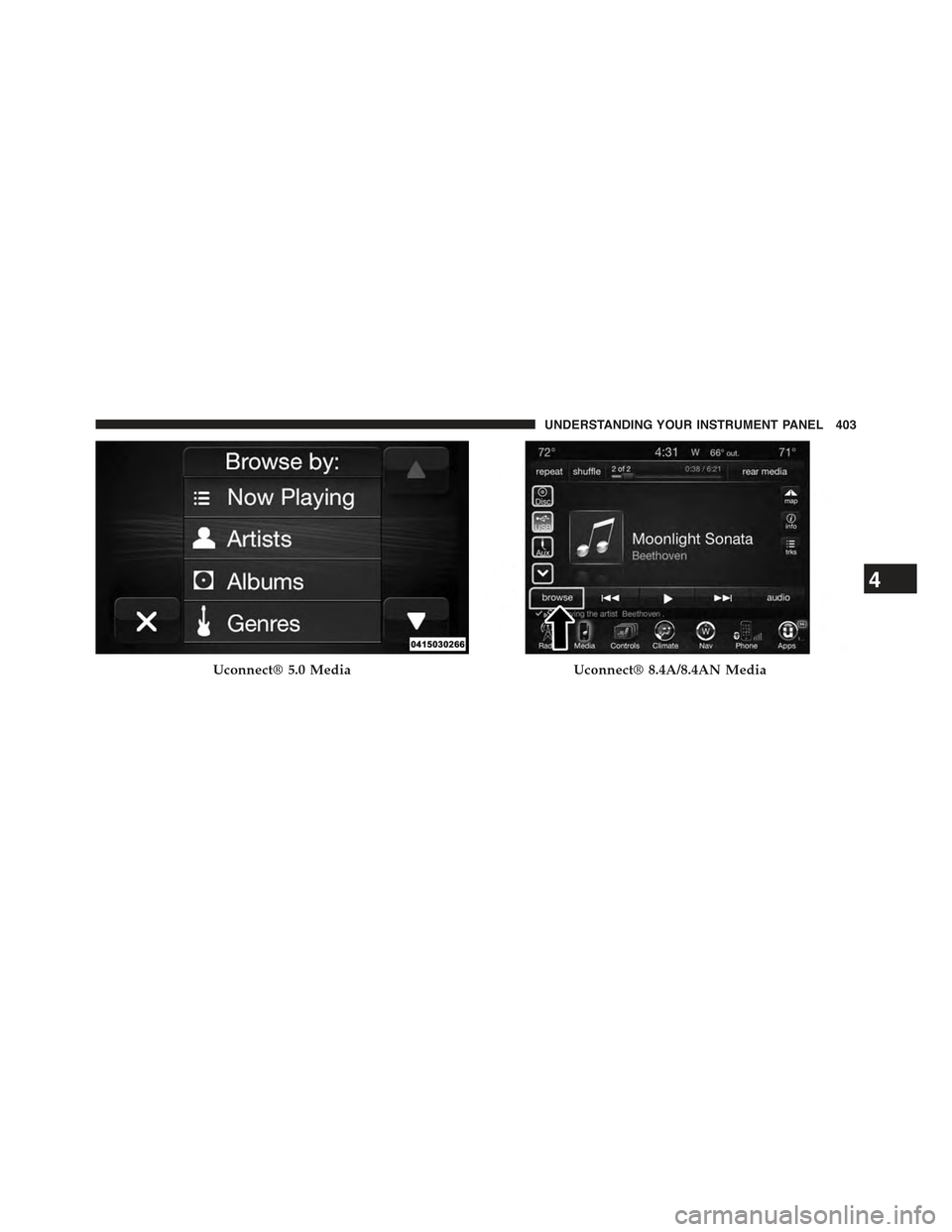 JEEP GRAND CHEROKEE 2015 WK2 / 4.G Owners Manual Uconnect® 5.0 MediaUconnect® 8.4A/8.4AN Media
4
UNDERSTANDING YOUR INSTRUMENT PANEL 403 