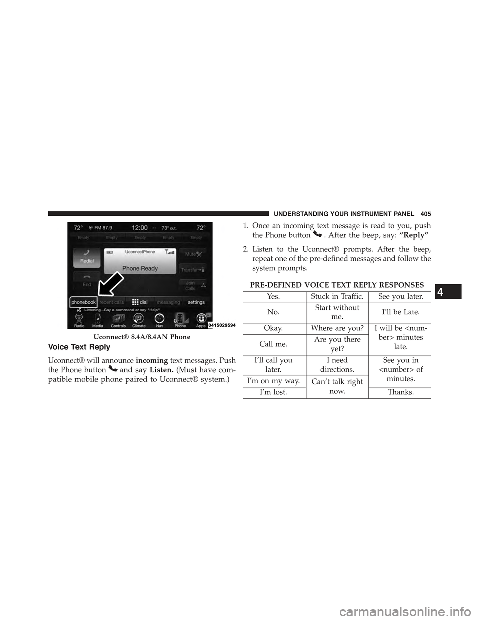 JEEP GRAND CHEROKEE 2015 WK2 / 4.G Owners Manual Voice Text Reply
Uconnect® will announceincomingtext messages. Push
the Phone buttonand sayListen.(Must have com-
patible mobile phone paired to Uconnect® system.)
1. Once an incoming text message i