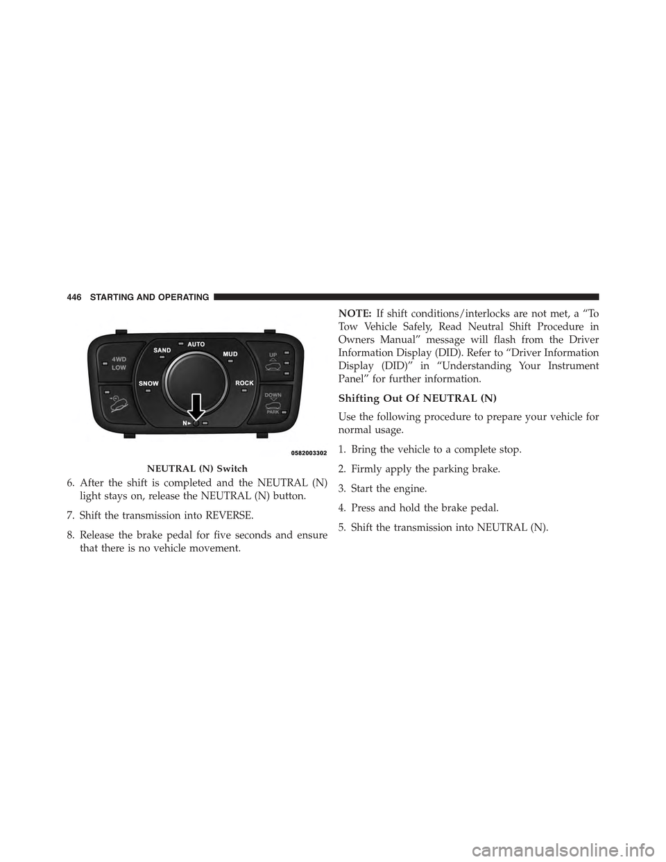 JEEP GRAND CHEROKEE 2015 WK2 / 4.G Owners Manual 6. After the shift is completed and the NEUTRAL (N)
light stays on, release the NEUTRAL (N) button.
7. Shift the transmission into REVERSE.
8. Release the brake pedal for five seconds and ensure
that JEEP GRAND CHEROKEE 2015 WK2 / 4.G Owners Manual 6. After the shift is completed and the NEUTRAL (N)
light stays on, release the NEUTRAL (N) button.
7. Shift the transmission into REVERSE.
8. Release the brake pedal for five seconds and ensure
that