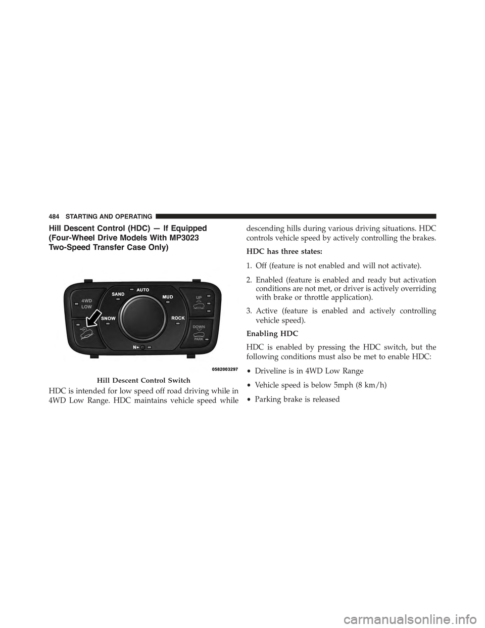 JEEP GRAND CHEROKEE 2015 WK2 / 4.G Owners Manual Hill Descent Control (HDC) — If Equipped
(Four-Wheel Drive Models With MP3023
Two-Speed Transfer Case Only)
HDC is intended for low speed off road driving while in
4WD Low Range. HDC maintains vehic JEEP GRAND CHEROKEE 2015 WK2 / 4.G Owners Manual Hill Descent Control (HDC) — If Equipped
(Four-Wheel Drive Models With MP3023
Two-Speed Transfer Case Only)
HDC is intended for low speed off road driving while in
4WD Low Range. HDC maintains vehic