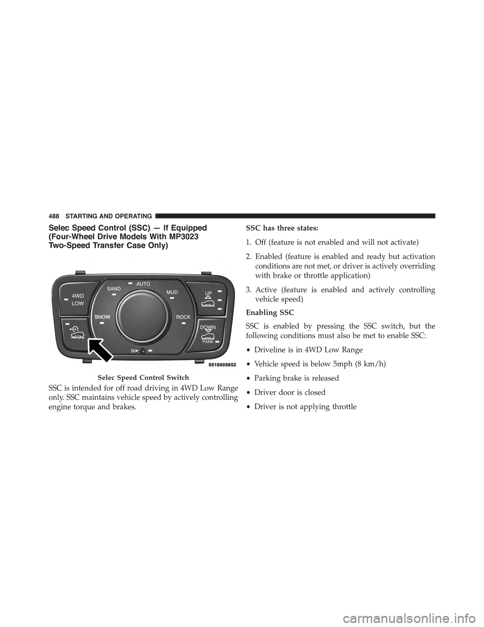 JEEP GRAND CHEROKEE 2015 WK2 / 4.G Owners Manual Selec Speed Control (SSC) — If Equipped
(Four-Wheel Drive Models With MP3023
Two-Speed Transfer Case Only)
SSC is intended for off road driving in 4WD Low Range
only. SSC maintains vehicle speed by JEEP GRAND CHEROKEE 2015 WK2 / 4.G Owners Manual Selec Speed Control (SSC) — If Equipped
(Four-Wheel Drive Models With MP3023
Two-Speed Transfer Case Only)
SSC is intended for off road driving in 4WD Low Range
only. SSC maintains vehicle speed by