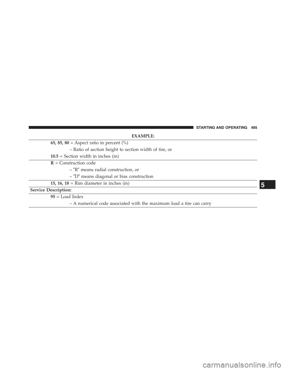 JEEP GRAND CHEROKEE 2015 WK2 / 4.G Owners Manual EXAMPLE:
65, 85, 80= Aspect ratio in percent (%)
– Ratio of section height to section width of tire, or
10.5= Section width in inches (in)
R= Construction code
–#R#means radial construction, or
JEEP GRAND CHEROKEE 2015 WK2 / 4.G Owners Manual EXAMPLE:
65, 85, 80= Aspect ratio in percent (%)
– Ratio of section height to section width of tire, or
10.5= Section width in inches (in)
R= Construction code
–#R#means radial construction, or