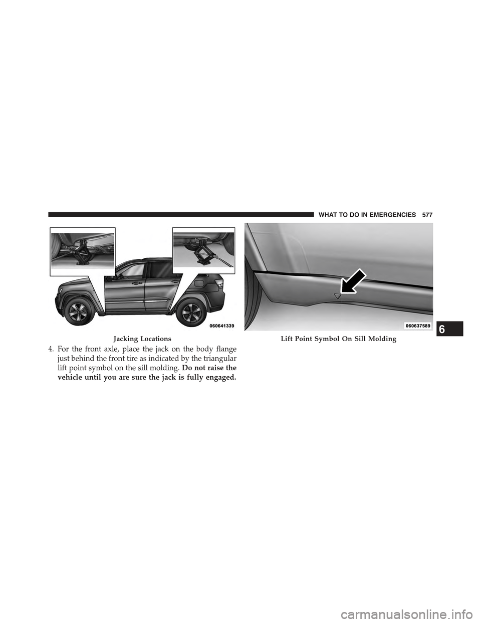 JEEP GRAND CHEROKEE 2015 WK2 / 4.G Owners Manual 4. For the front axle, place the jack on the body flange
just behind the front tire as indicated by the triangular
lift point symbol on the sill molding.Do not raise the
vehicle until you are sure the
