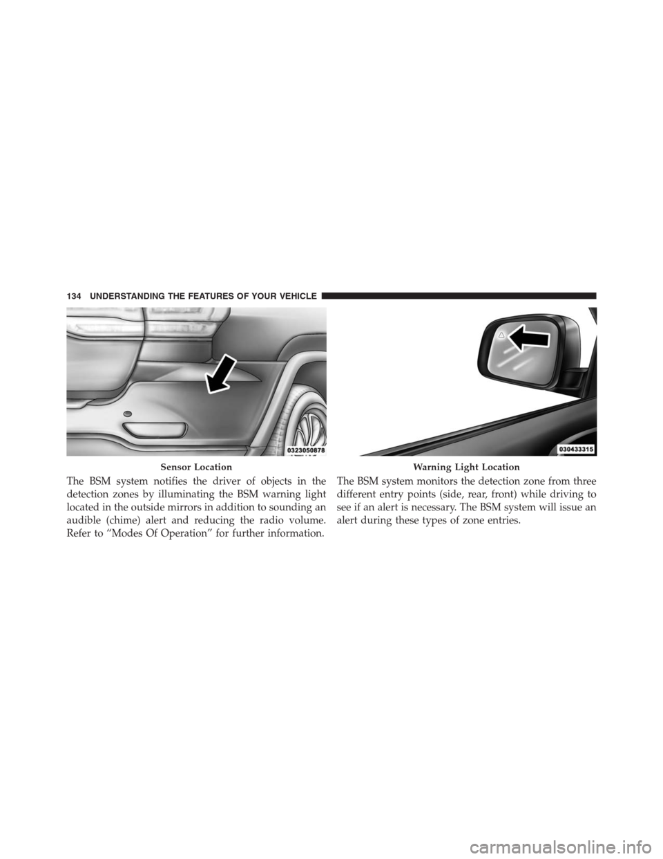 JEEP GRAND CHEROKEE 2015 WK2 / 4.G SRT Owners Manual The BSM system notifies the driver of objects in the
detection zones by illuminating the BSM warning light
located in the outside mirrors in addition to sounding an
audible (chime) alert and reducing JEEP GRAND CHEROKEE 2015 WK2 / 4.G SRT Owners Manual The BSM system notifies the driver of objects in the
detection zones by illuminating the BSM warning light
located in the outside mirrors in addition to sounding an
audible (chime) alert and reducing
