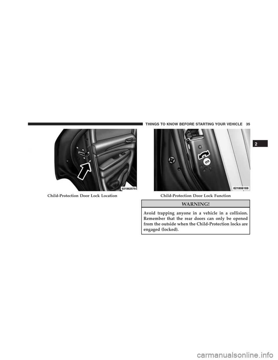 JEEP GRAND CHEROKEE 2015 WK2 / 4.G SRT Owners Guide WARNING!
Avoid trapping anyone in a vehicle in a collision.
Remember that the rear doors can only be opened
from the outside when the Child-Protection locks are
engaged (locked).
Child-Protection Door JEEP GRAND CHEROKEE 2015 WK2 / 4.G SRT Owners Guide WARNING!
Avoid trapping anyone in a vehicle in a collision.
Remember that the rear doors can only be opened
from the outside when the Child-Protection locks are
engaged (locked).
Child-Protection Door