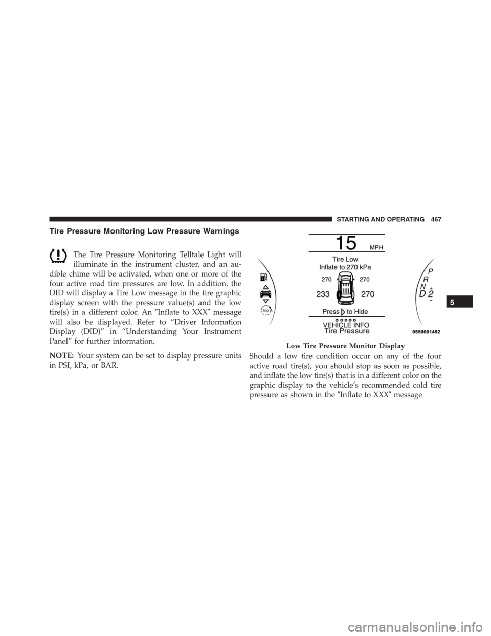 JEEP GRAND CHEROKEE 2015 WK2 / 4.G SRT Owners Manual Tire Pressure Monitoring Low Pressure Warnings
The Tire Pressure Monitoring Telltale Light will
illuminate in the instrument cluster, and an au-
dible chime will be activated, when one or more of the
