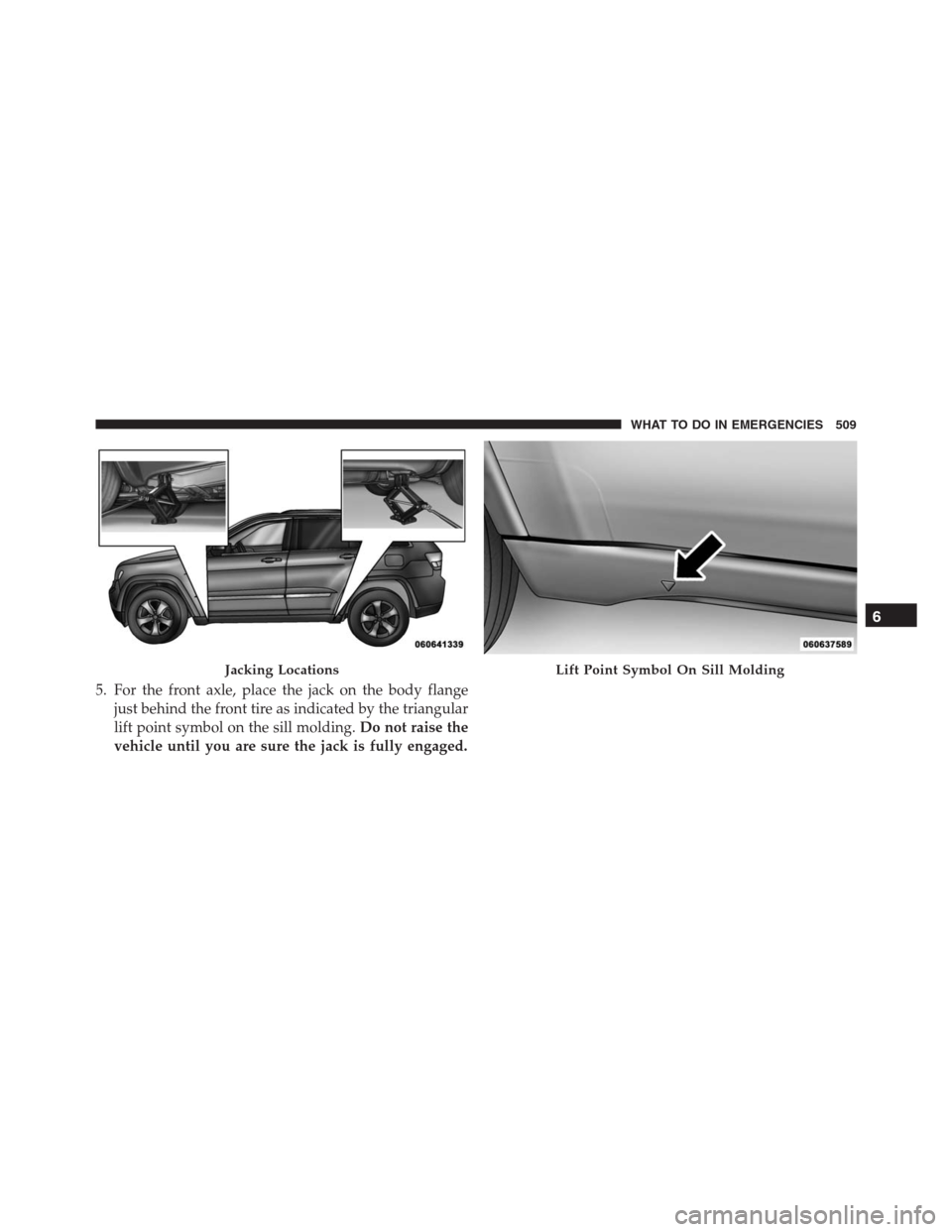 JEEP GRAND CHEROKEE 2015 WK2 / 4.G SRT Owners Manual 5. For the front axle, place the jack on the body flange
just behind the front tire as indicated by the triangular
lift point symbol on the sill molding.Do not raise the
vehicle until you are sure the
