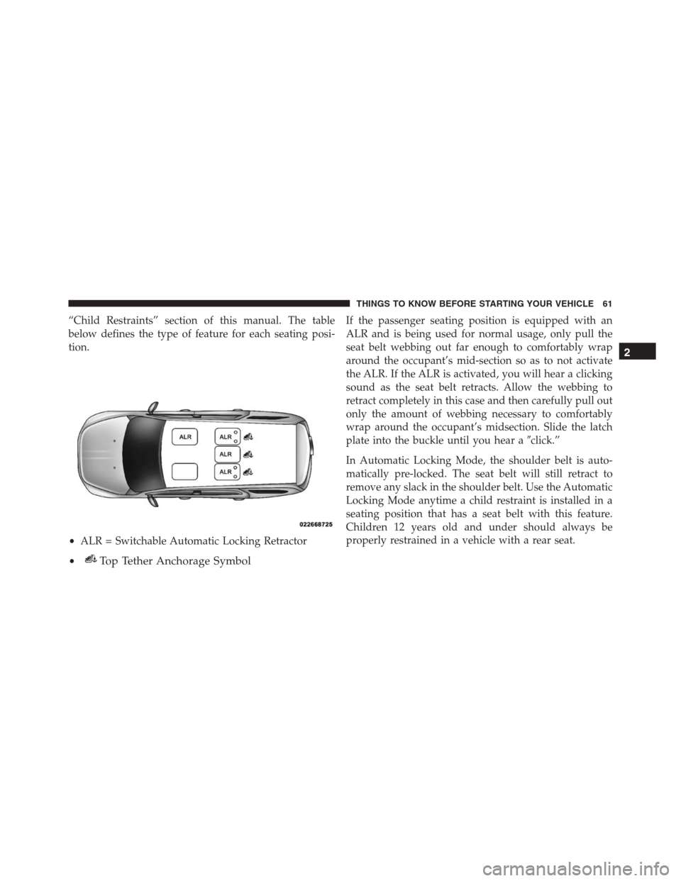 JEEP GRAND CHEROKEE 2015 WK2 / 4.G SRT Owners Manual “Child Restraints” section of this manual. The table
below defines the type of feature for each seating posi-
tion.
•ALR = Switchable Automatic Locking Retractor
•
Top Tether Anchorage Symbol
