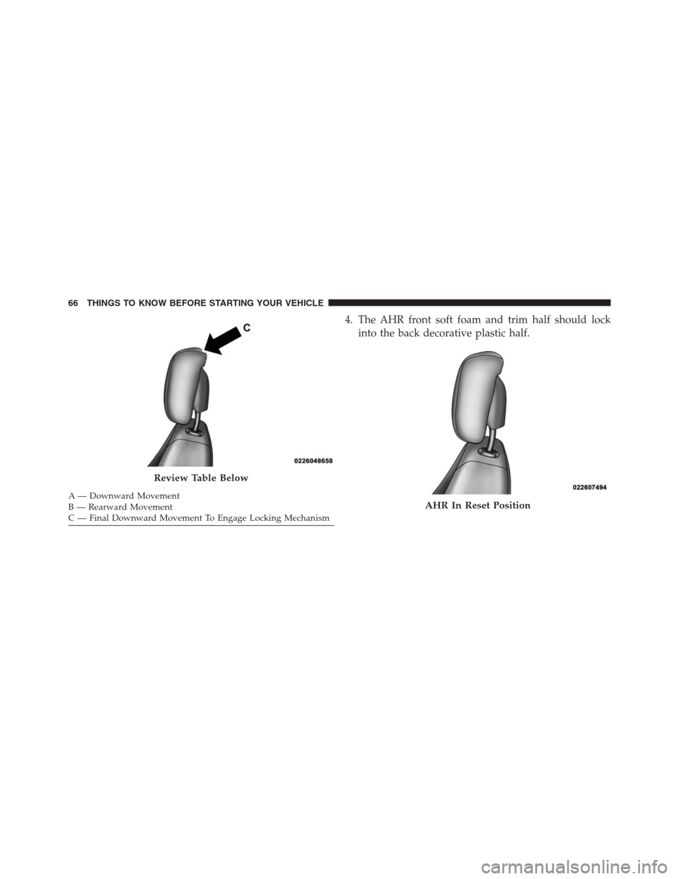JEEP GRAND CHEROKEE 2015 WK2 / 4.G SRT Repair Manual A — Downward Movement
B — Rearward Movement
C — Final Downward Movement To Engage Locking Mechanism
4. The AHR front soft foam and trim half should lock
into the back decorative plastic half.
Re