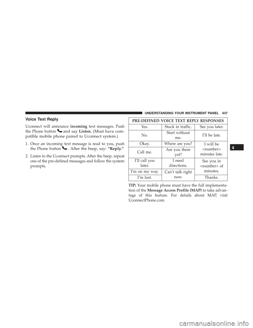 JEEP GRAND CHEROKEE 2016 WK2 / 4.G Owners Manual Voice Text Reply
Uconnect will announceincomingtext messages. Push
the Phone button
and say Listen.(Must have com-
patible mobile phone paired to Uconnect system.)
1. Once an incoming text message is 