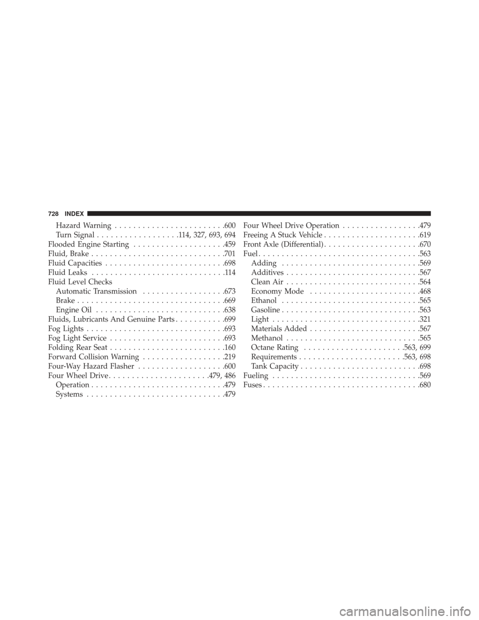 JEEP GRAND CHEROKEE 2016 WK2 / 4.G Owners Manual Hazard Warning....................... .600
Turn Signal ..................114, 327, 693, 694
Flooded Engine Starting ....................459
Fluid, Brake ............................ .701
Fluid Capacit