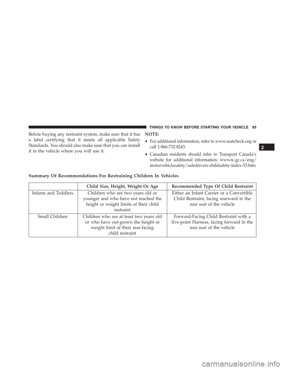 JEEP GRAND CHEROKEE 2016 WK2 / 4.G Owners Manual Before buying any restraint system, make sure that it has
a label certifying that it meets all applicable Safety
Standards. You should also make sure that you can install
it in the vehicle where you w