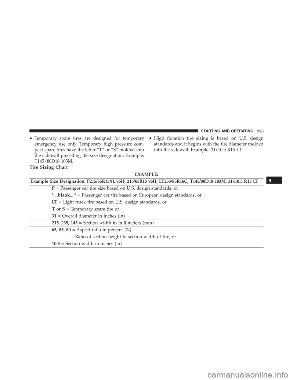 JEEP GRAND CHEROKEE 2016 WK2 / 4.G SRT Owners Manual •Temporary spare tires are designed for temporary
emergency use only. Temporary high pressure com-
pact spare tires have the letter “T” or “S” molded into
the sidewall preceding the size des