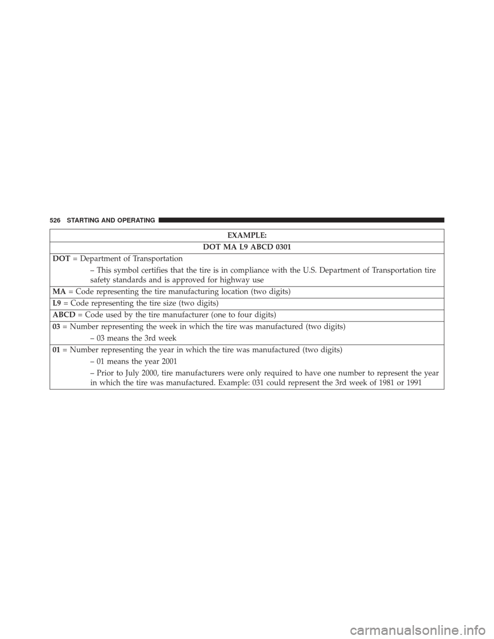 JEEP GRAND CHEROKEE 2016 WK2 / 4.G SRT Owners Manual EXAMPLE:
DOT MA L9 ABCD 0301
DOT = Department of Transportation
– This symbol certifies that the tire is in compliance with the U.S. Department of Transportation tire
safety standards and is approve JEEP GRAND CHEROKEE 2016 WK2 / 4.G SRT Owners Manual EXAMPLE:
DOT MA L9 ABCD 0301
DOT = Department of Transportation
– This symbol certifies that the tire is in compliance with the U.S. Department of Transportation tire
safety standards and is approve