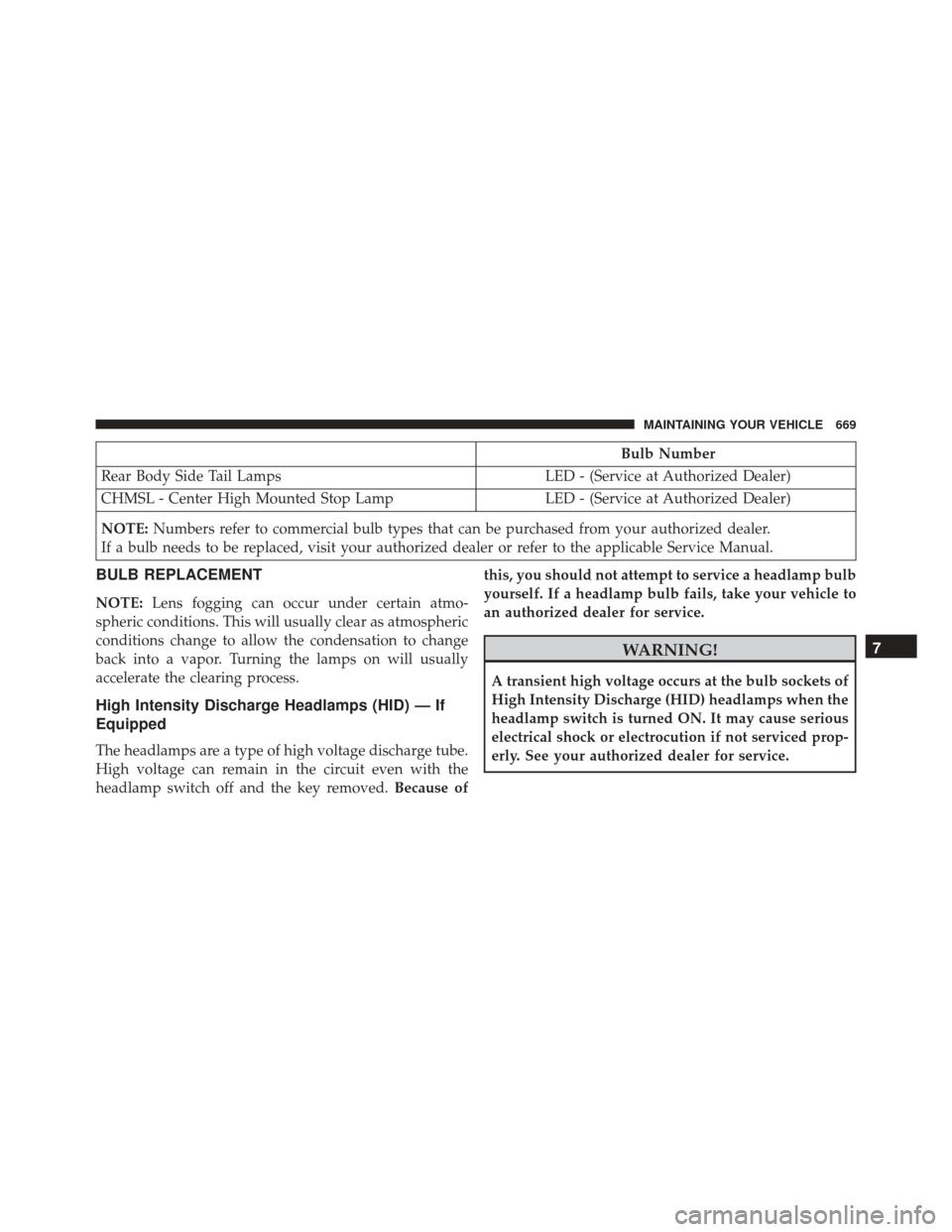 JEEP GRAND CHEROKEE 2016 WK2 / 4.G SRT Owners Manual Bulb Number
Rear Body Side Tail Lamps LED - (Service at Authorized Dealer)
CHMSL - Center High Mounted Stop Lamp LED - (Service at Authorized Dealer)
NOTE: Numbers refer to commercial bulb types that 