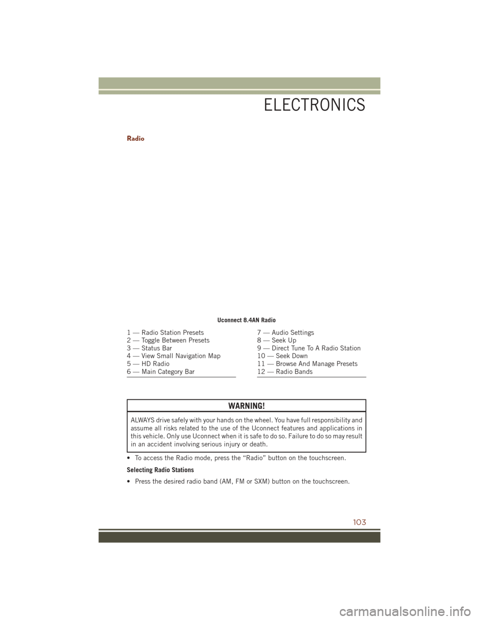 JEEP GRAND CHEROKEE 2016 WK2 / 4.G Owners Manual Radio
WARNING!
ALWAYS drive safely with your hands on the wheel. You have full responsibility and
assume all risks related to the use of the Uconnect features and applications in
this vehicle. Only us